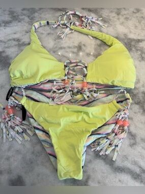 REVERSIBLE Victoria’s Secret Bikini Striped Neon Lime Tassel Beaded Euro Summer